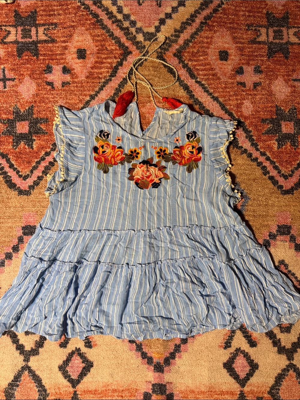 Altar'd State Light Blue Striped Embroidered Ruffle Blouse with back Tassels